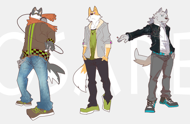 Three Anthropomorphic Wolf Characters — Gray