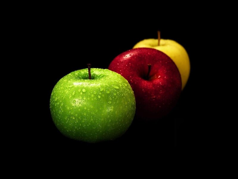 Three Apples on Black — Green, Dramatic, Photograph, Apple, Water Droplets