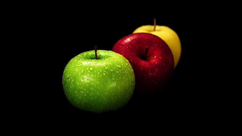 Three Apples on Black — Green, Dramatic, Photograph, Drops, Stem