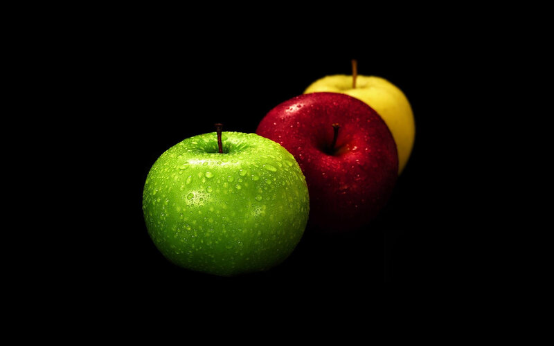 Three Apples on Black — Green, Dramatic, Photograph