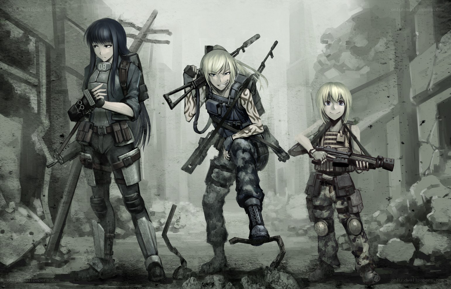 three armed female soldiers