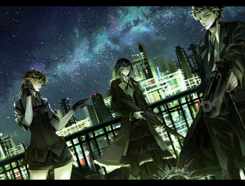 Three Armed Figures on Rooftop