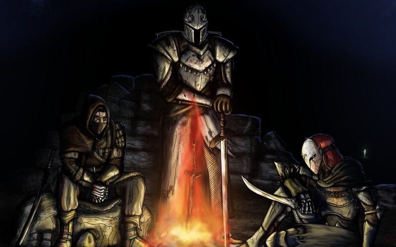 Three Armored Figures — Black, Dramatic, Night, Digital Art, Fire