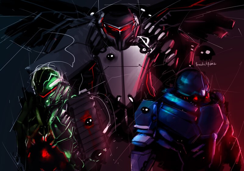 Three Armored Figures — Black, Dramatic, Night