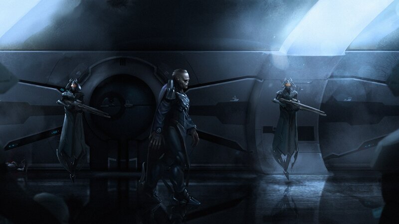 Three Armored Figures — Blue, Dramatic, Digital Art, Soldiers