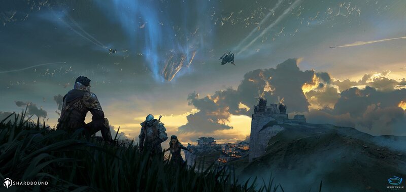 Three Armored Figures — Blue, Dramatic, Sunset