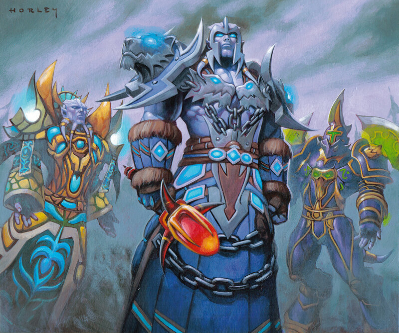 Three Armored Figures — Blue, Dramatic