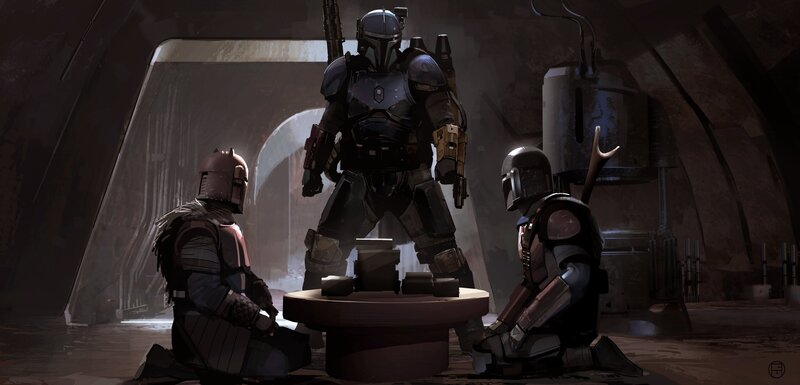 Three Armored Figures — Gray, Dramatic, Digital Art