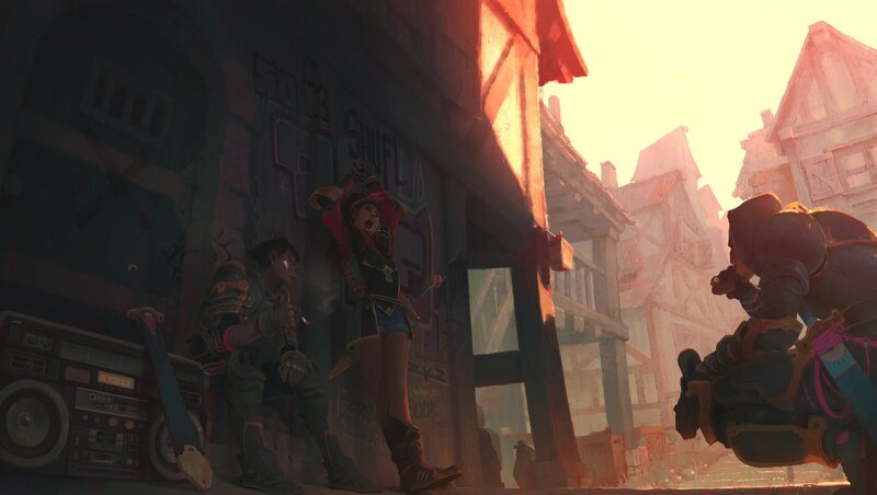 Three Armored Figures in Alley