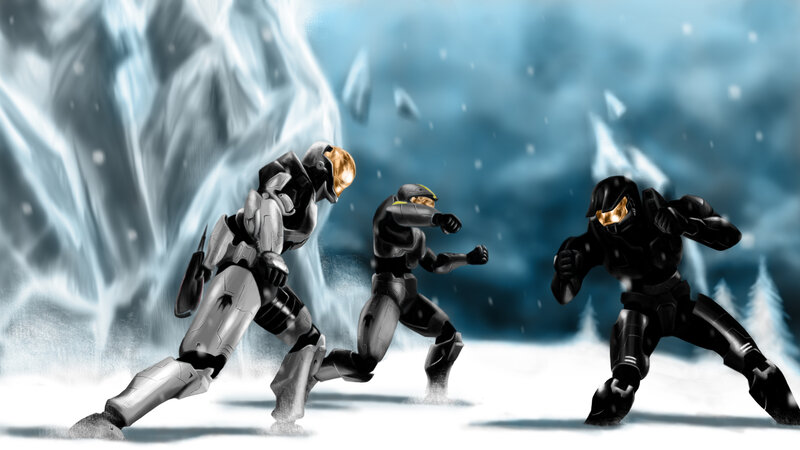 Three Armored Soldiers — Blue, Dramatic