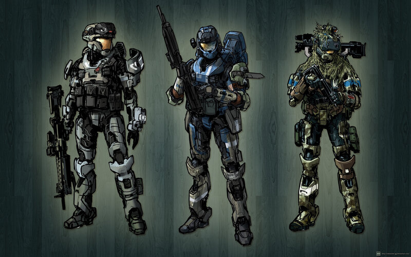 three armored soldiers in combat gear