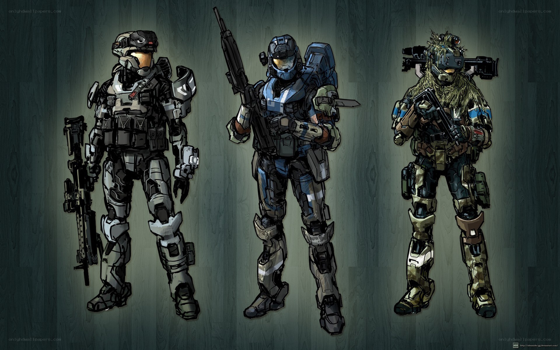 three armored soldiers in combat gear