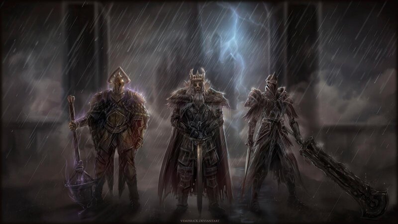 Three Armored Warriors — Gray, Dramatic, Night