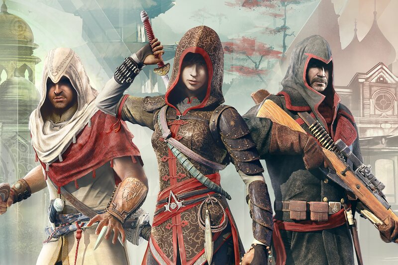 Three Assassins Standing — Brown, Dramatic, Digital Art, Hooded Cloaks, Weapons
