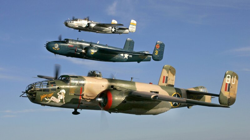 Three B-25 bombers in formation