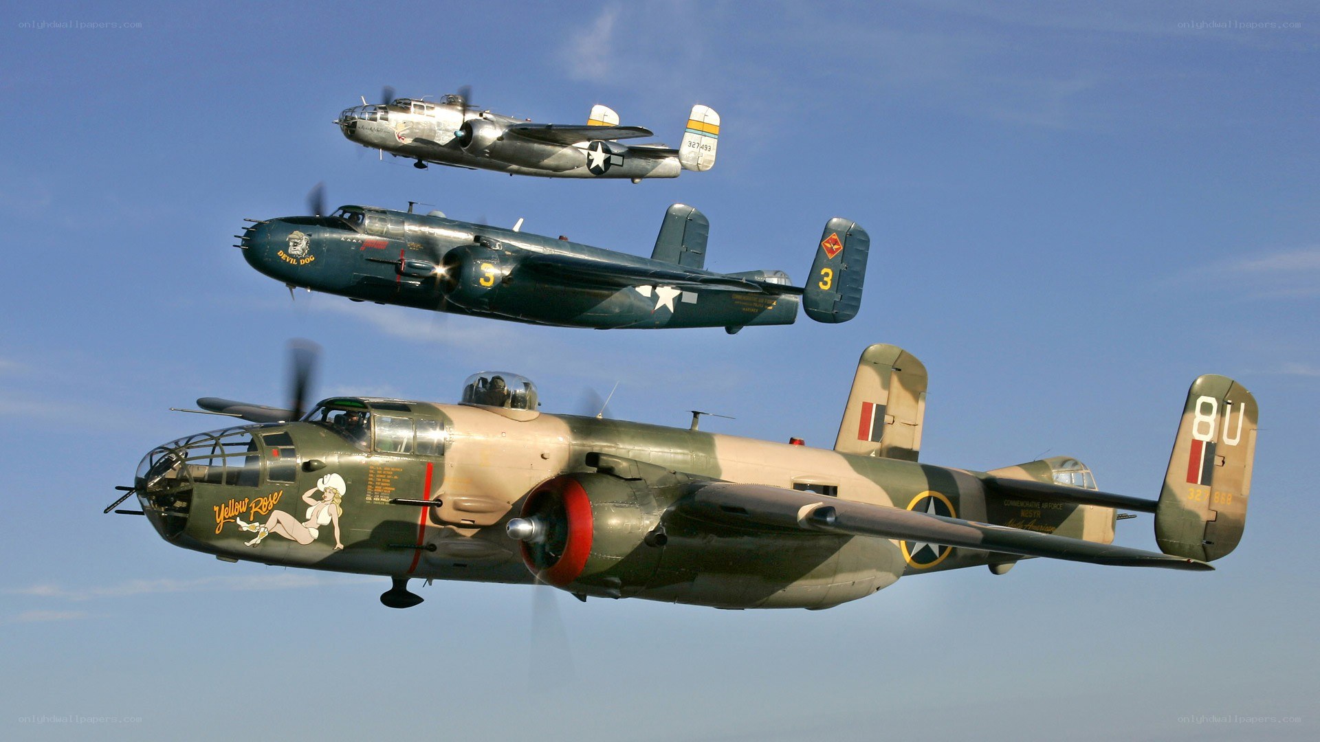 Three B-25 bombers in formation