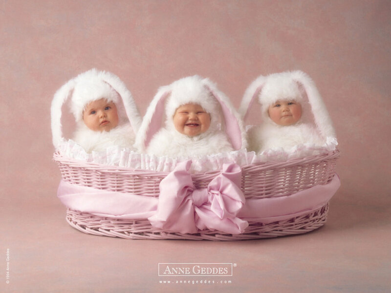 three babies in bunny costumes