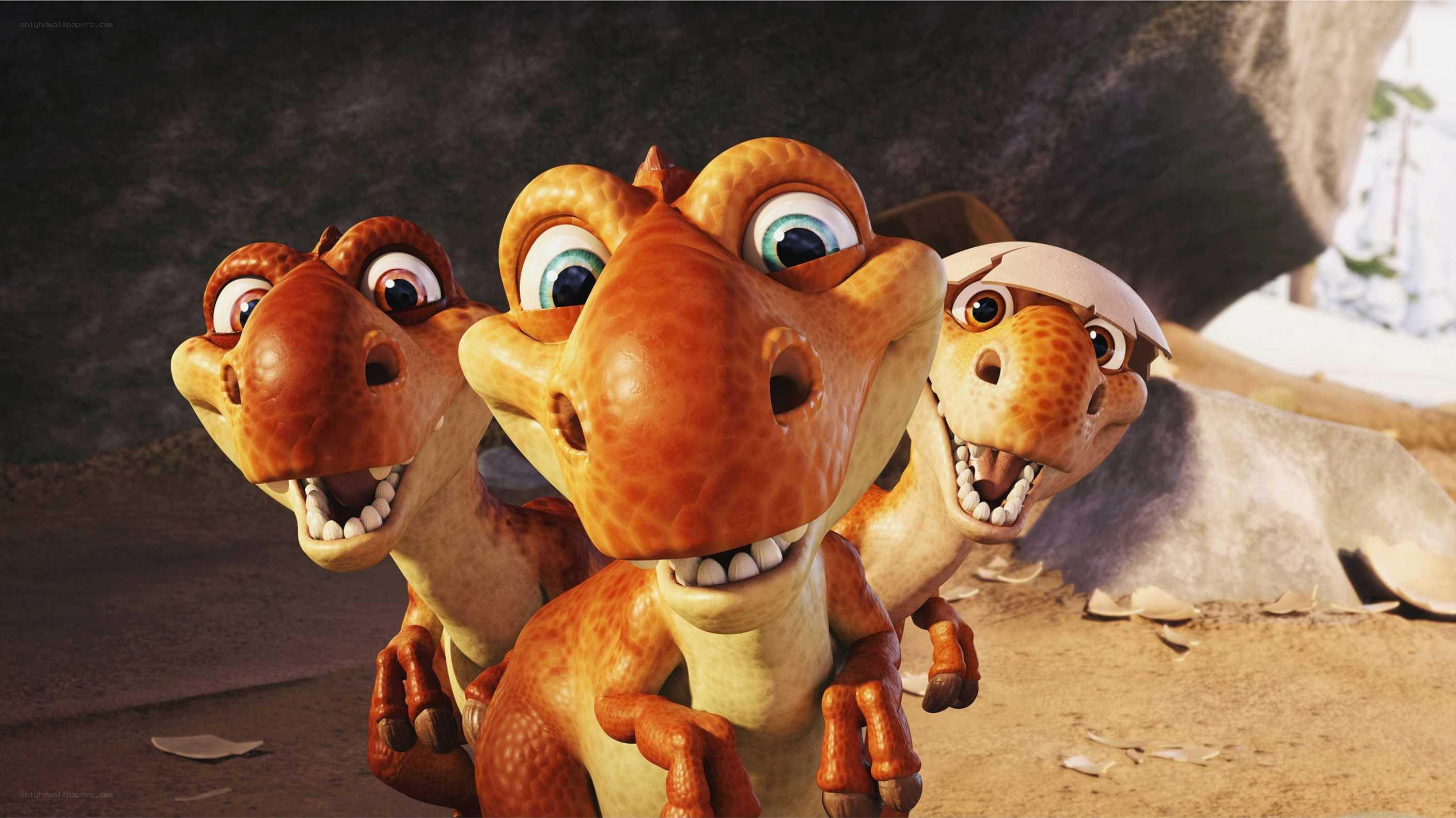 three baby dinosaurs hatching