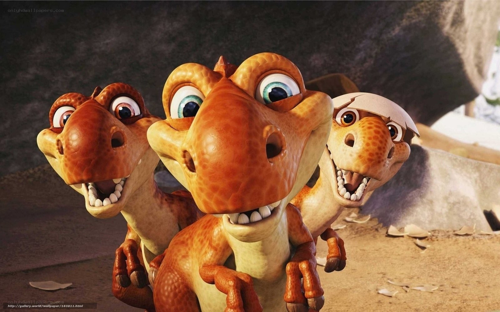 three baby dinosaurs in a cave
