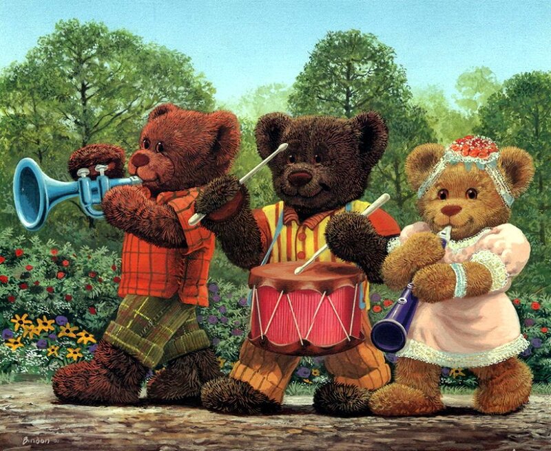 Three Bears Playing Instruments
