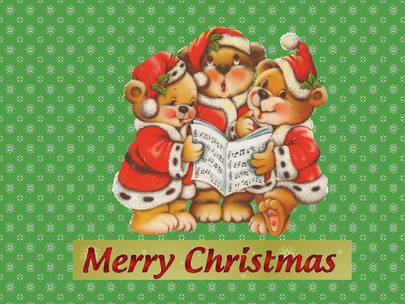 three bears singing Christmas carols