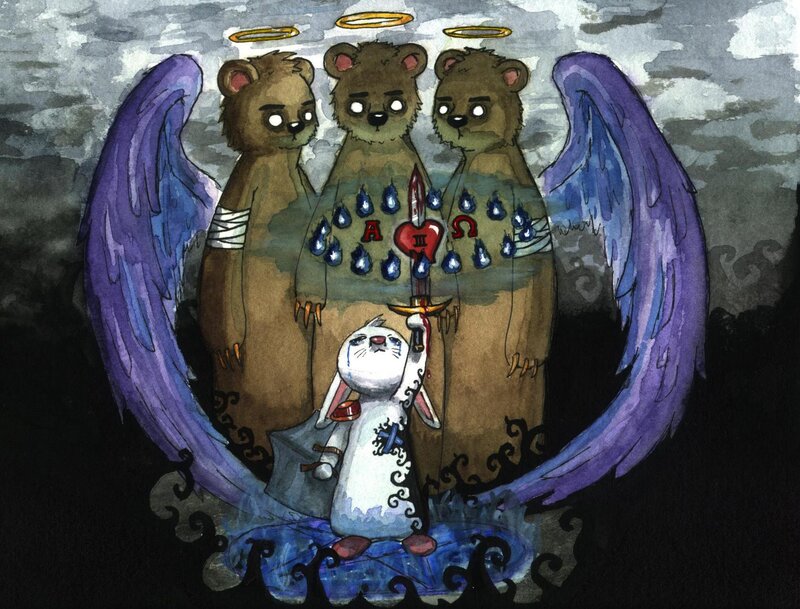 Three bears with a rabbit