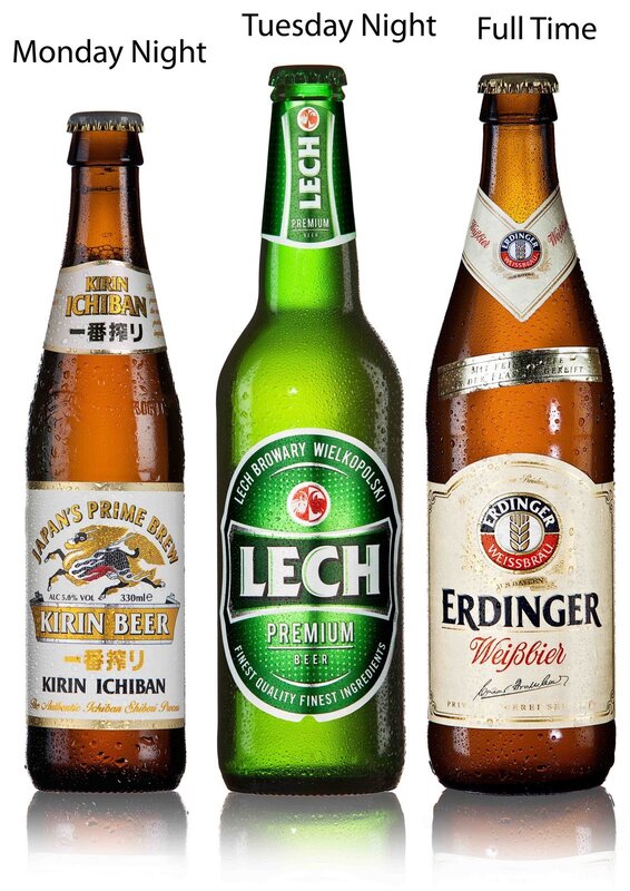 Three beer bottles on display