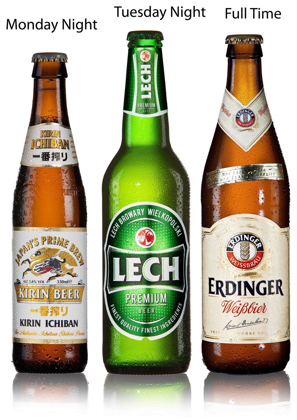 Three beer bottles on display