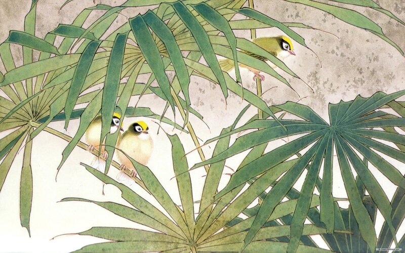 Three Birds in Palm Leaves
