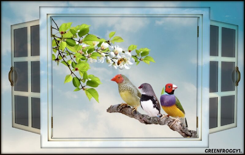 Three Birds on a Branch — Blue, Serene, Spring