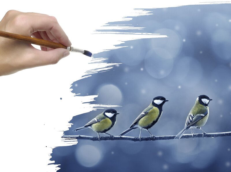 Three Birds on a Branch — Blue, Serene, Winter, Illustration