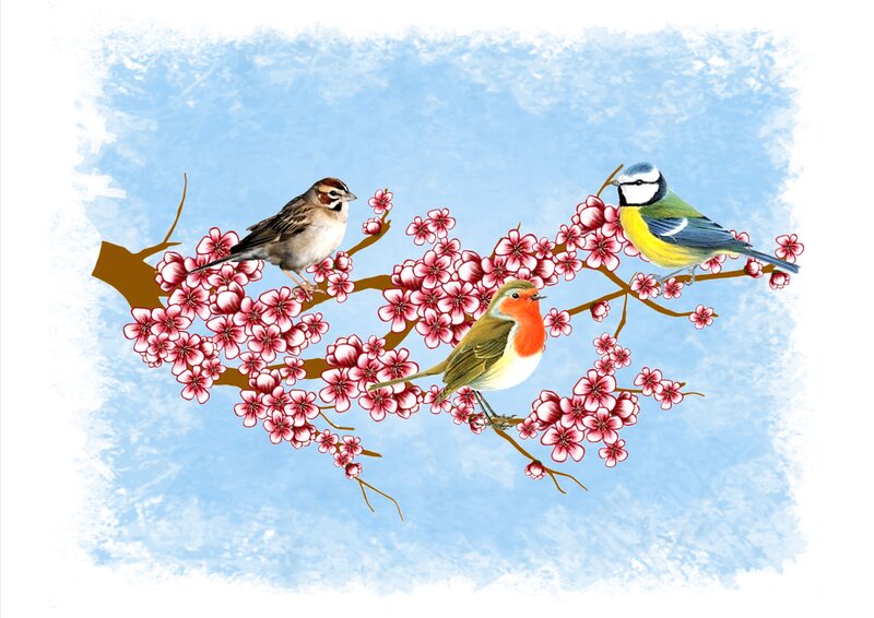 Three Birds on Blossoms — Blue