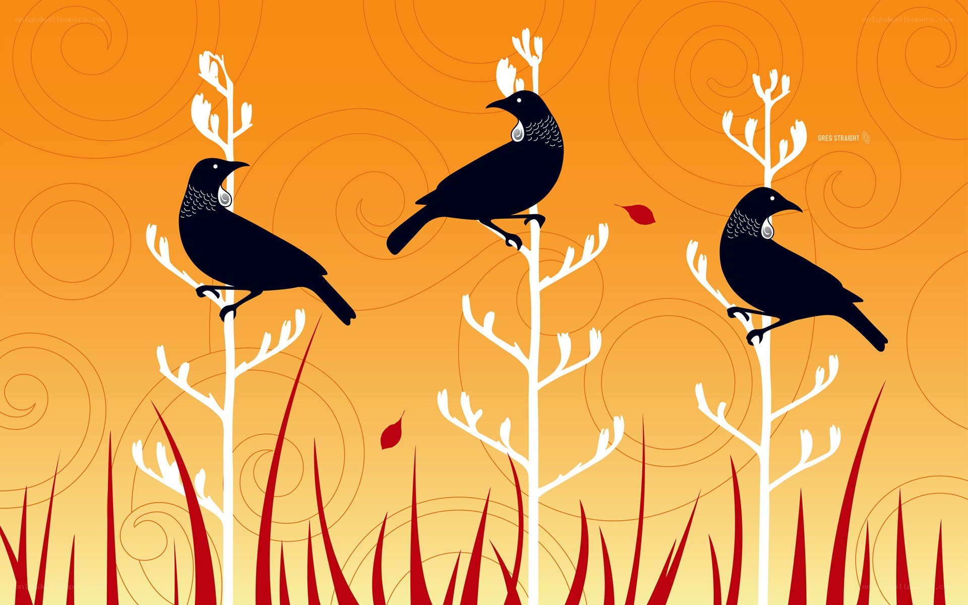 Three birds on branches