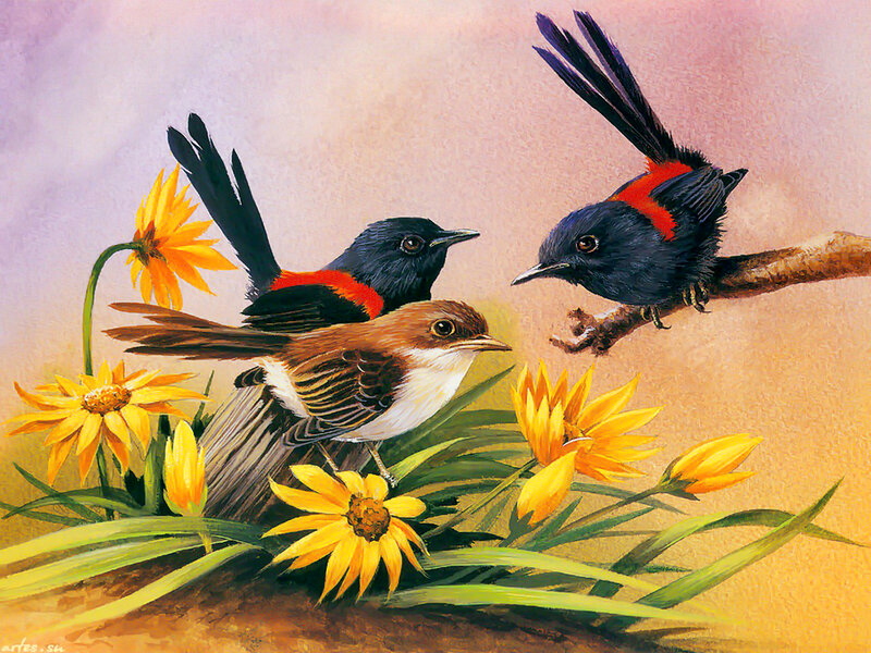 Three Birds on Flowers — Yellow