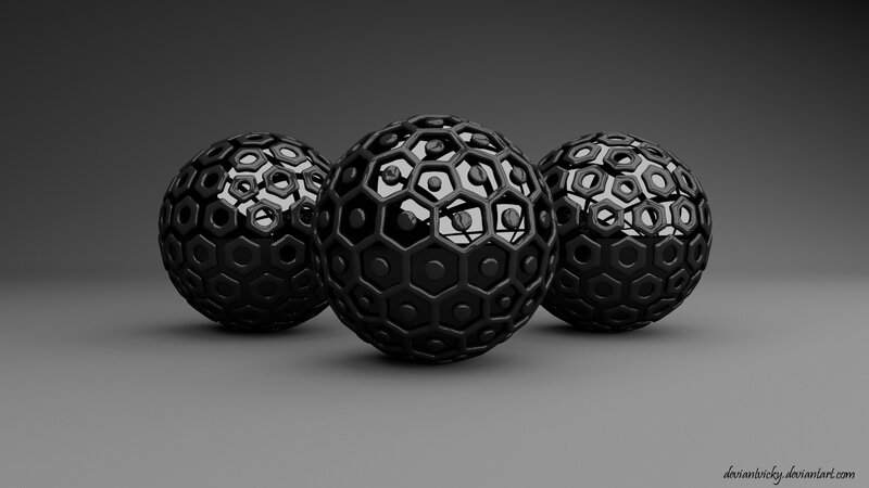 three black geometric spheres