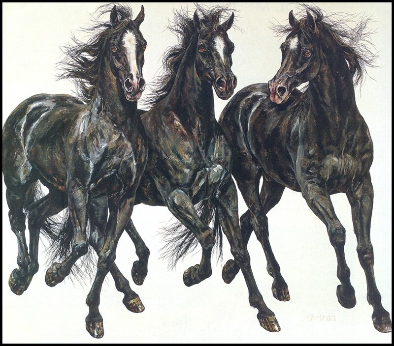Three Black Horses Running — Dynamic, Painting