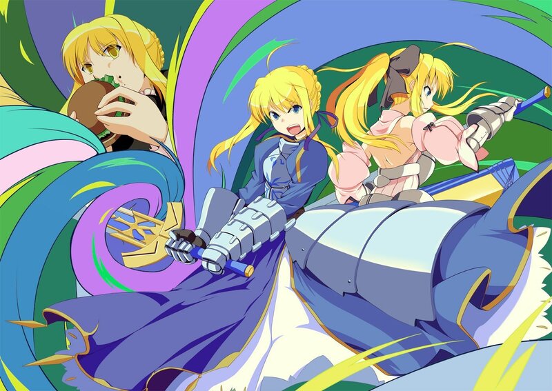 Three blonde anime girls in action
