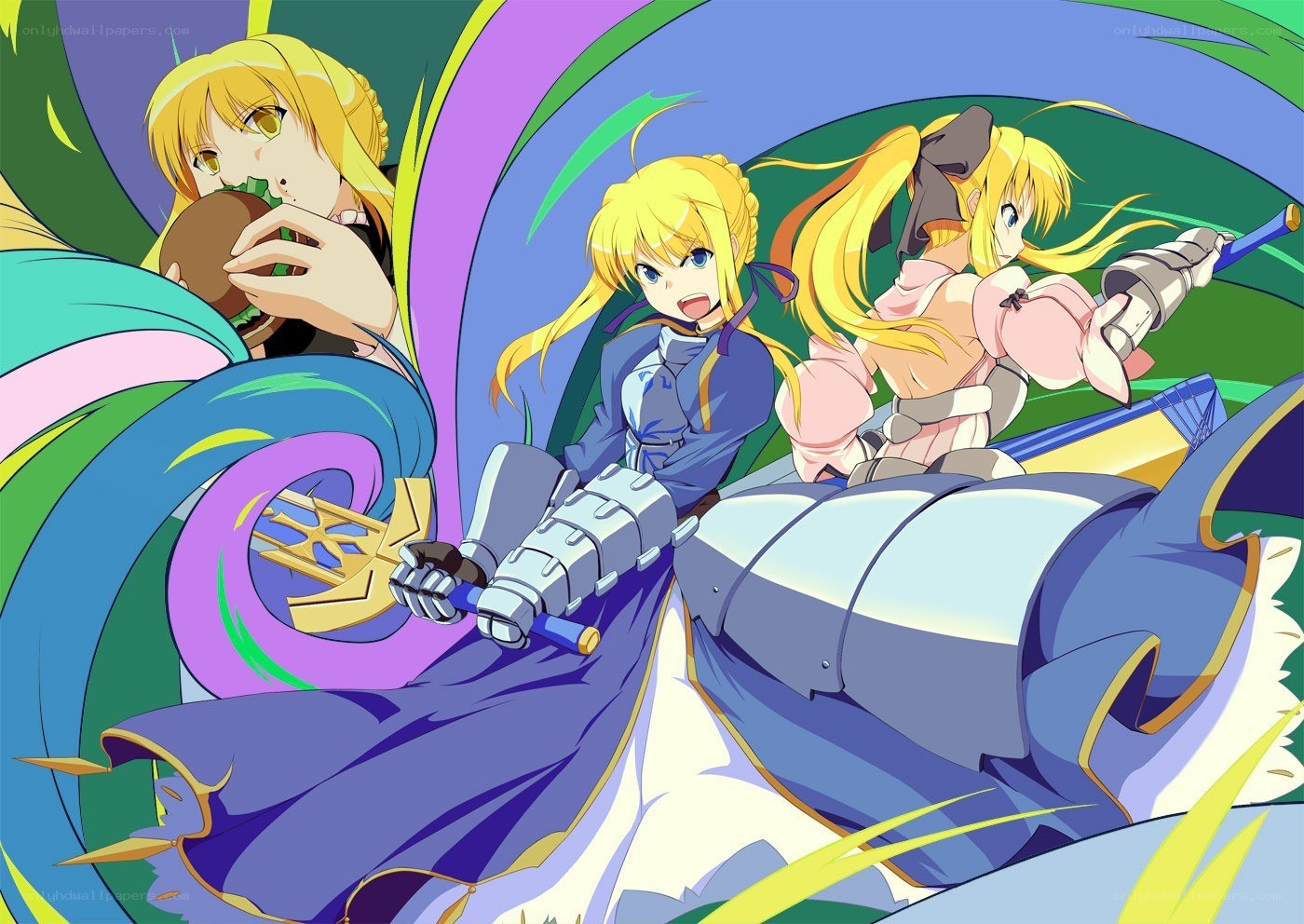 Three blonde anime girls in action