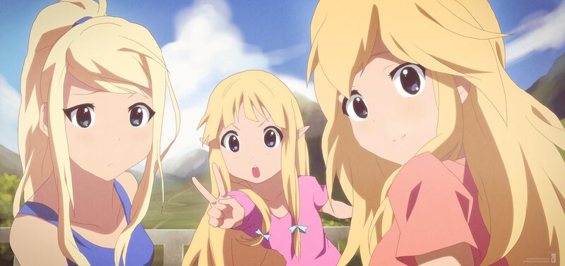 Three blonde anime girls outdoors