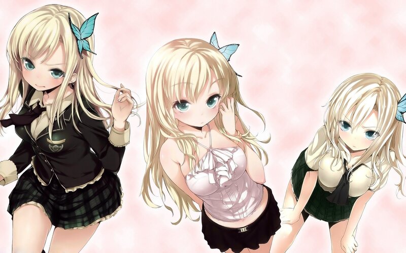 Three Blonde Anime Girls — Pink, Playful