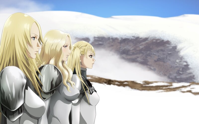 Three Blonde Women in Armor — White, Serious