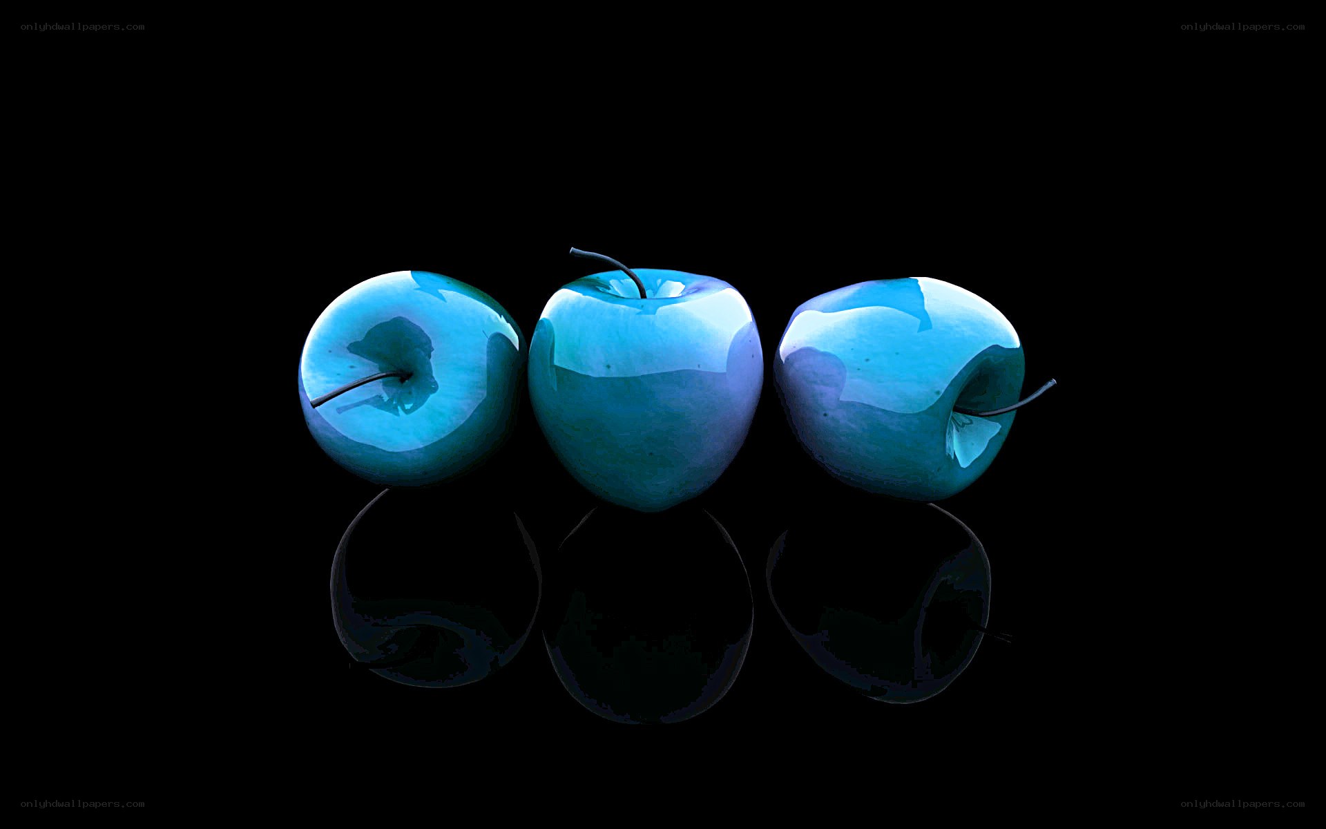 Three blue apples on black