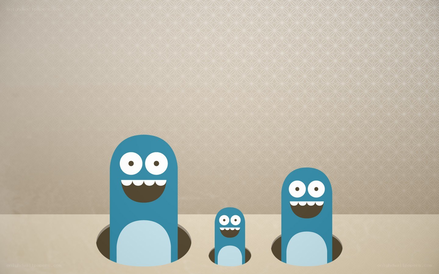three blue creatures in holes