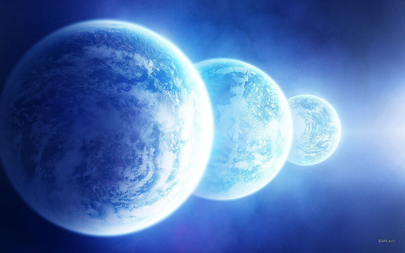Three Blue Planets — Serene, Digital Art, Space, Stars, Sunlight