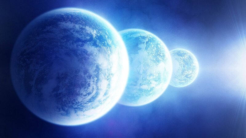 Three Blue Planets — Serene, Digital Art