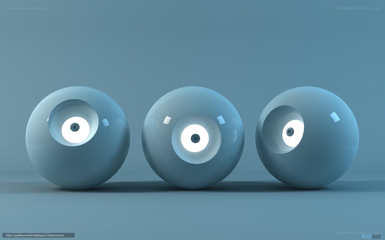 Three blue spheres with eyes