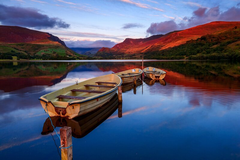 Three Boats on a Lake — Blue, Serene, Sunset