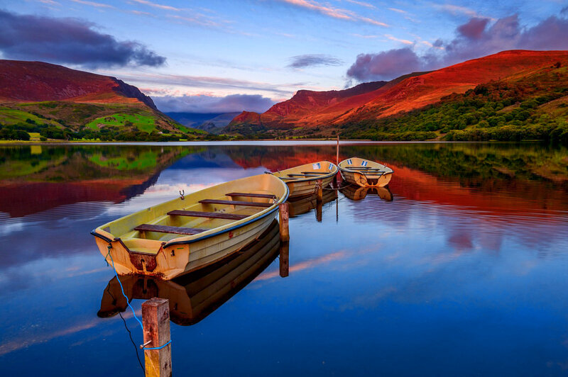 Three Boats on a Lake — Blue, Serene