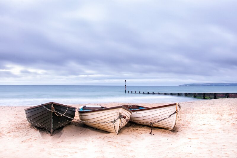 Three Boats on Beach — Blue, Calm