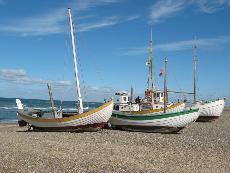 Three Boats on Beach — Blue, Serene